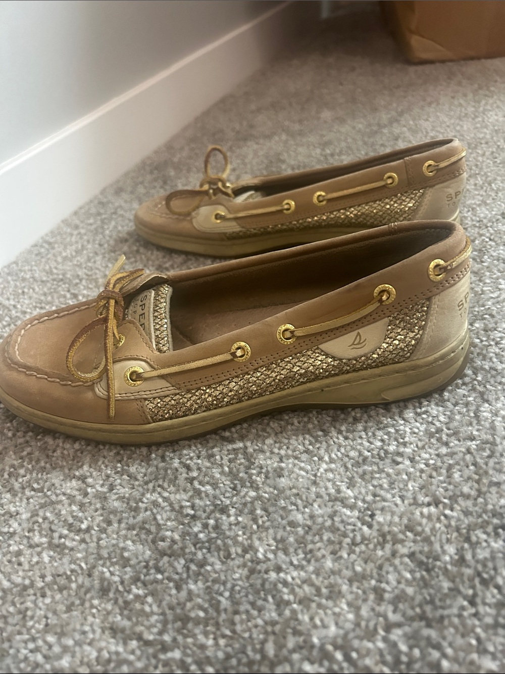 Women’s Tan Leather Boat Shoes with Gold Accent - Picture 2 of 3